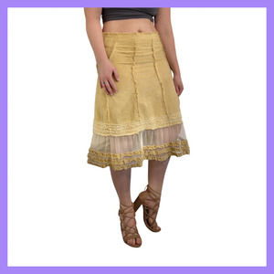 Free People Golden Boho Distressed and Raw Hem Midi Skirt Size 4